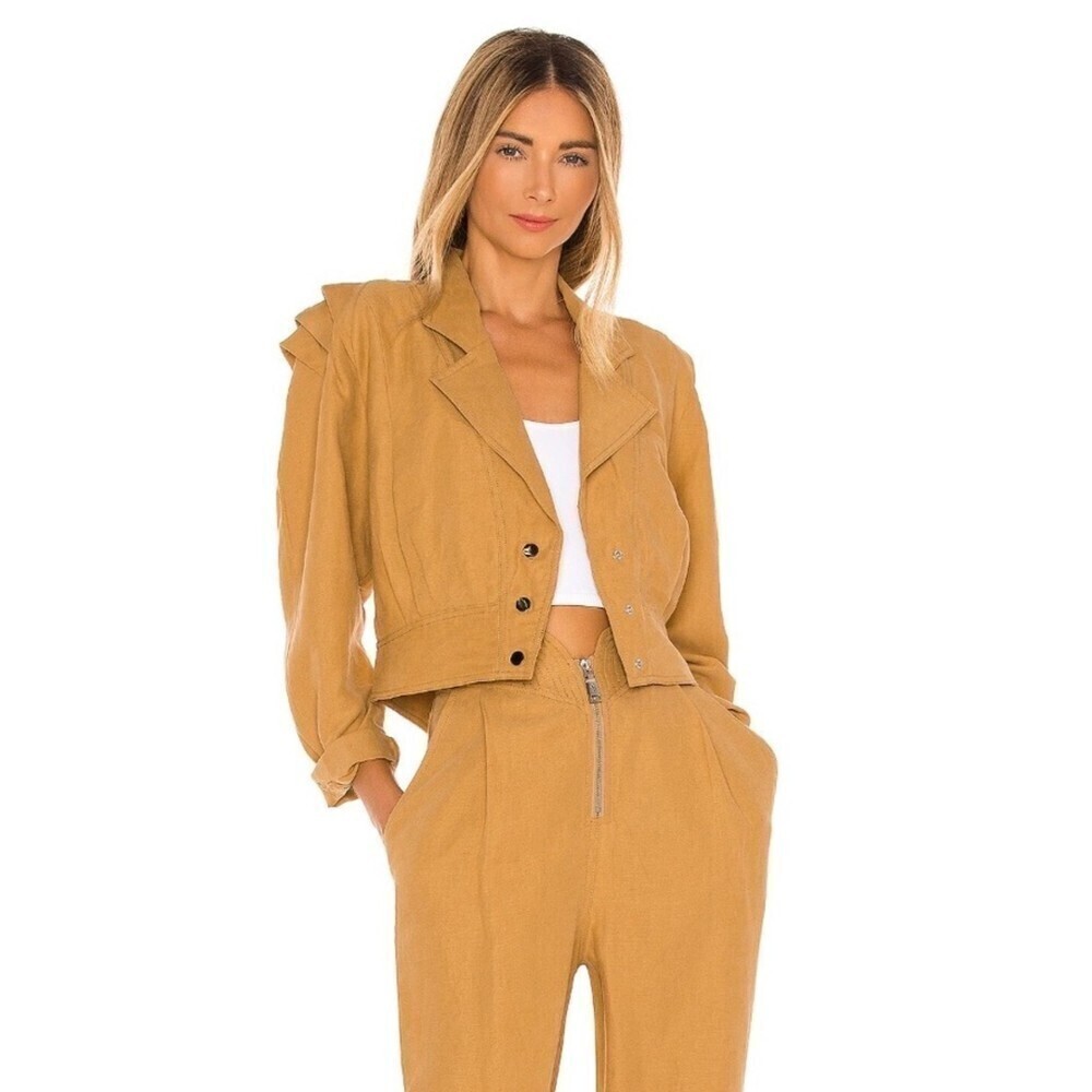 NEW Divine Heritage Linen Cropped Puff Shoulder Jacket in Driftwood Brown Small